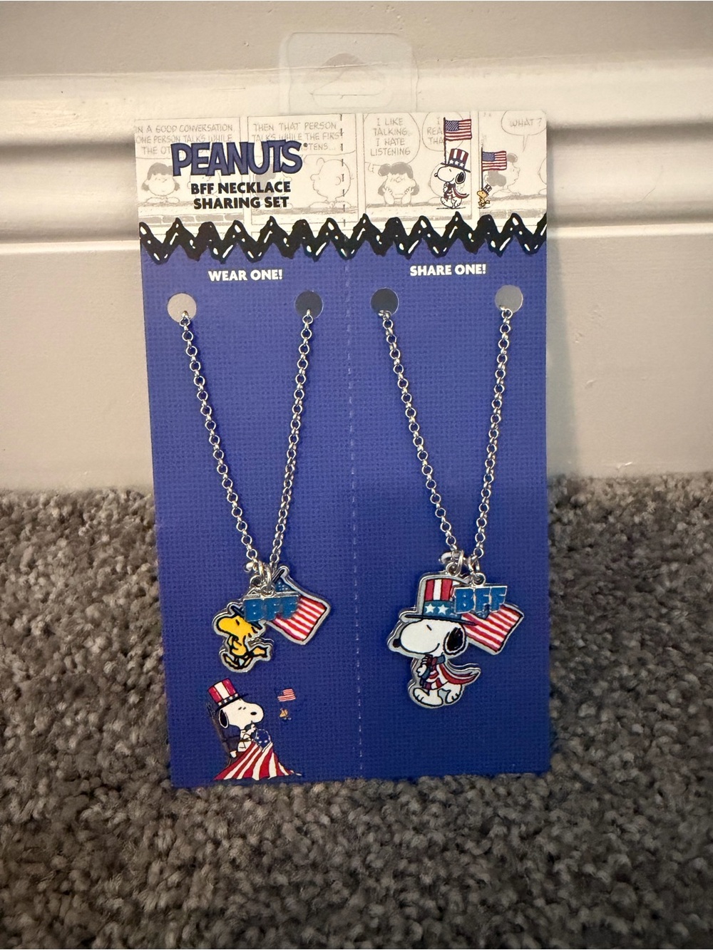 Peanuts BFF Necklace Sharing Set of 2 Silver Chains with Red, White & Blue Charm